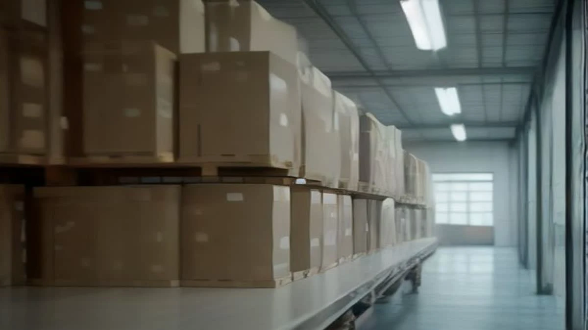 Illustration: over-the-shoulder view of a modern warehouse aisle with neatly stacked cartons and a clipboard on a pallet, overcast diffused light